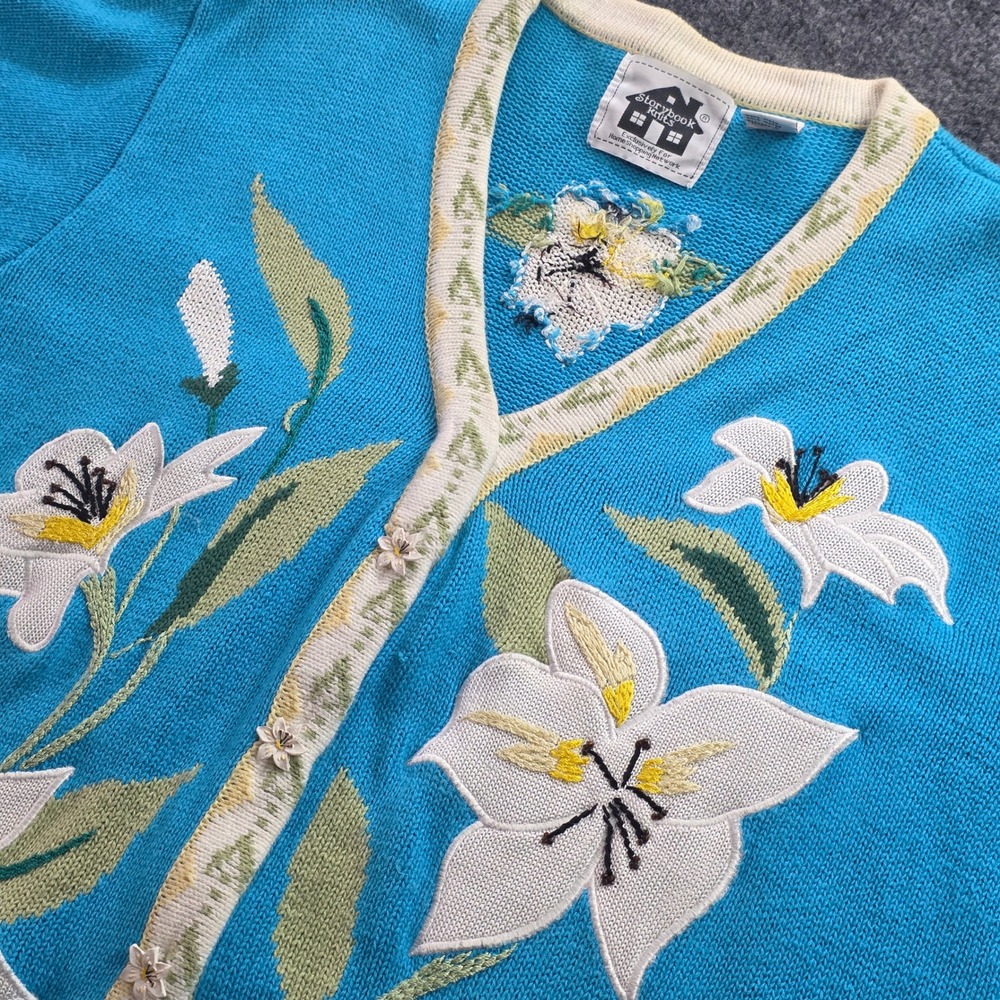 Vintage Storybook Knits Floral Pearl Cardigan Cottagecore Boho Fairy Romanti 2XL